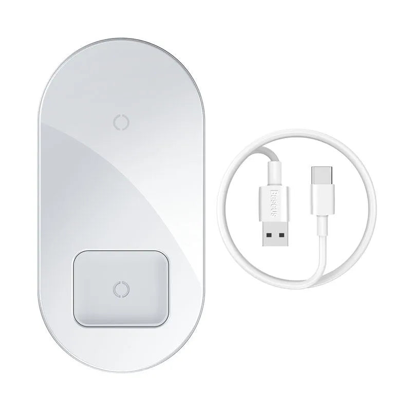 Baseus Minimalist Two-in-One Wireless Charger Pro Version for phones and pods in black, transparent, and white.