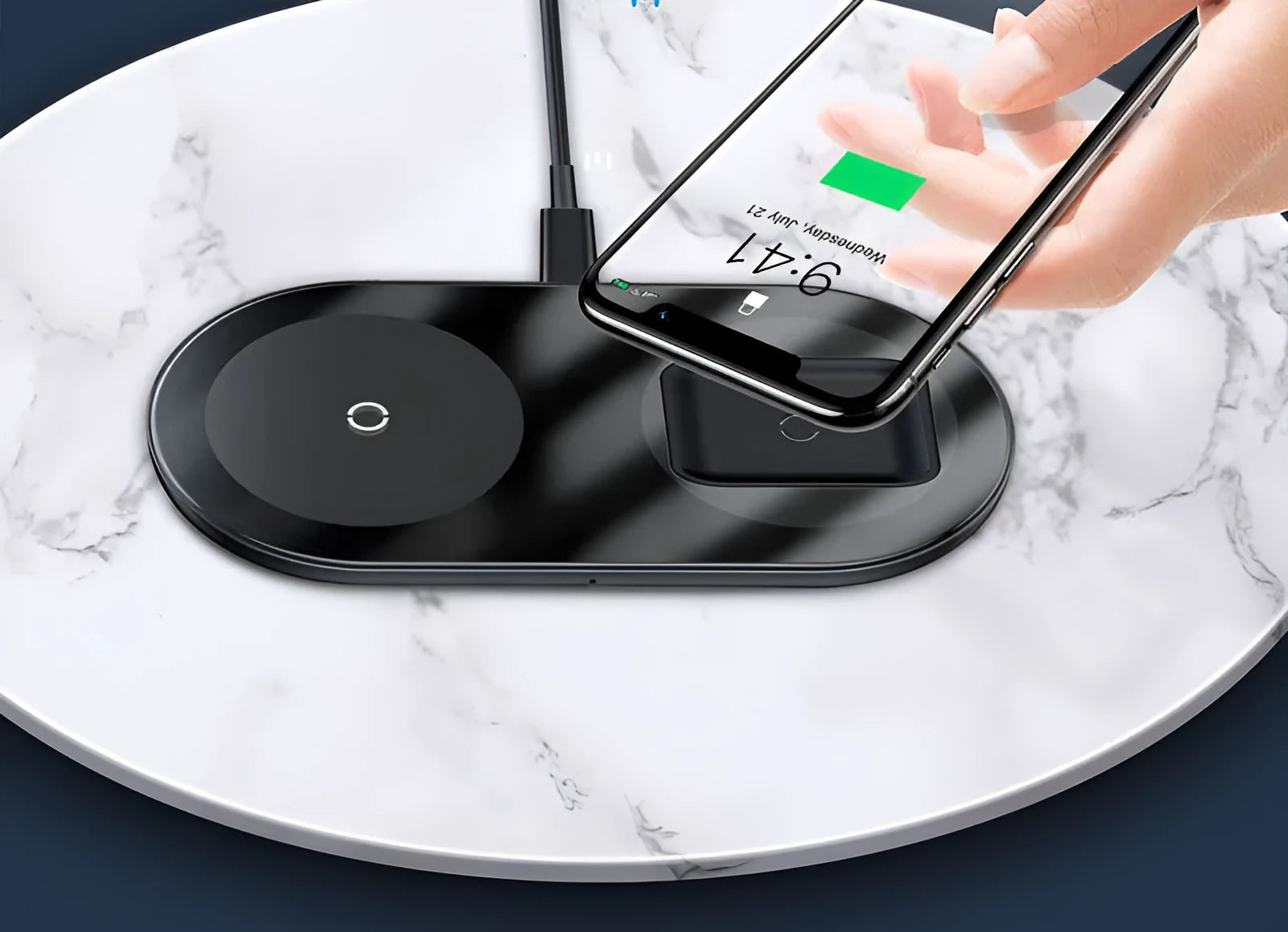 Baseus Minimalist Two-in-One Wireless Charger Pro Version for phones and pods in black, transparent, and white.