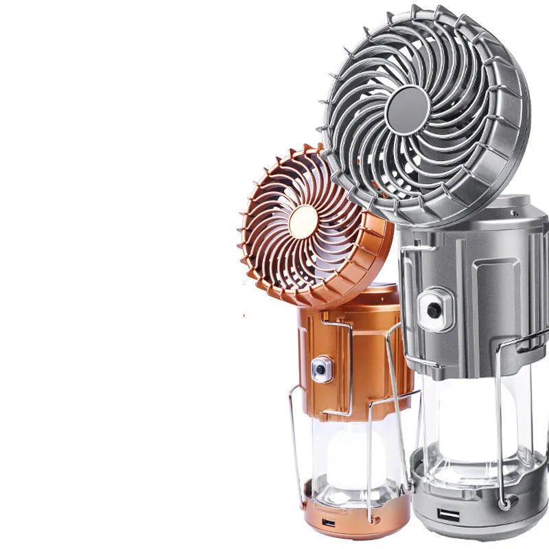 Solar powered ABS camping fan lantern with LED, waterproof casing, available in silver and gold