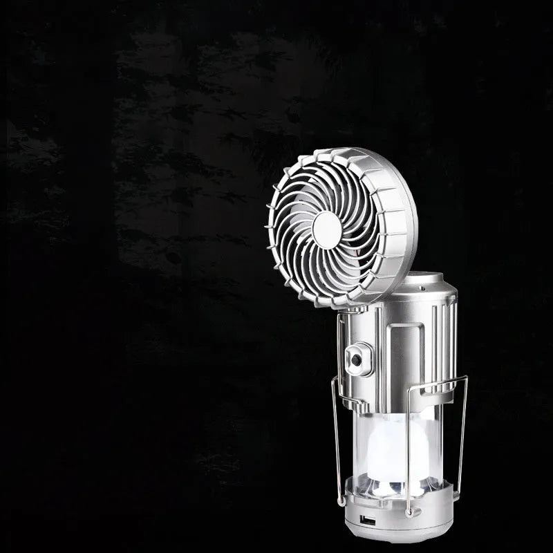 Solar powered ABS camping fan lantern with LED, waterproof casing, available in silver and gold
