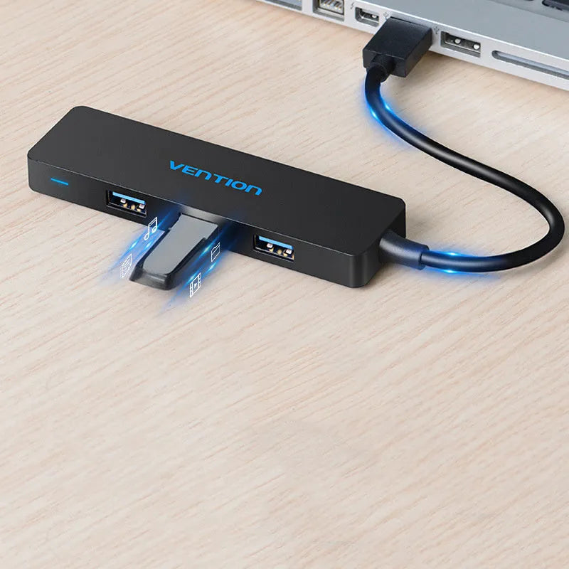 Black USB 3.0 four-port hub with 15cm cable and nickel-plated connectors