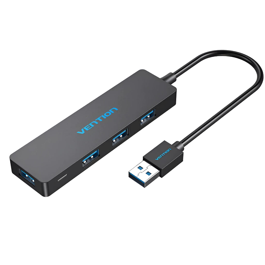 Black USB 3.0 four-port hub with 15cm cable and nickel-plated connectors