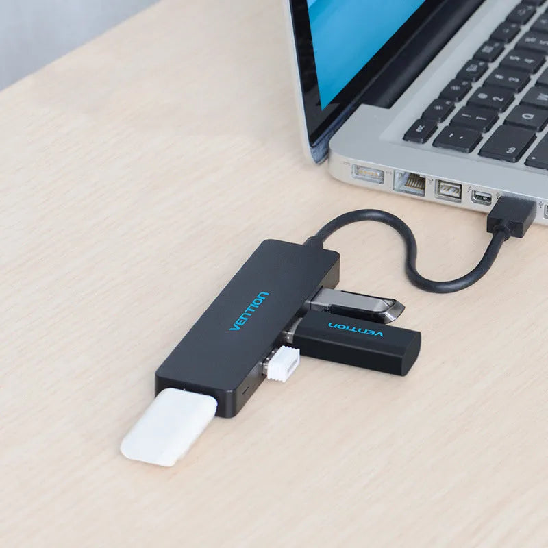 Black USB 3.0 four-port hub with 15cm cable and nickel-plated connectors
