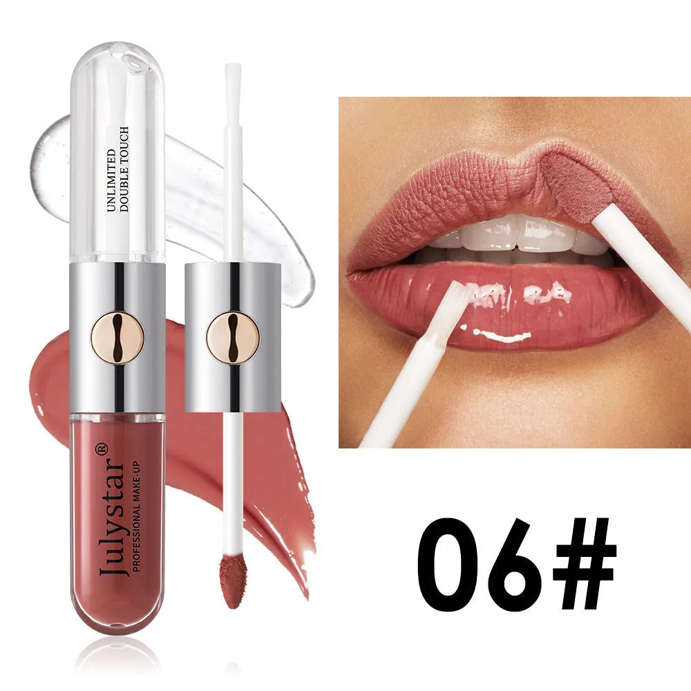 Women's lasting lip gloss tube showing 6ml content, available in nine colour style options for universal skin types