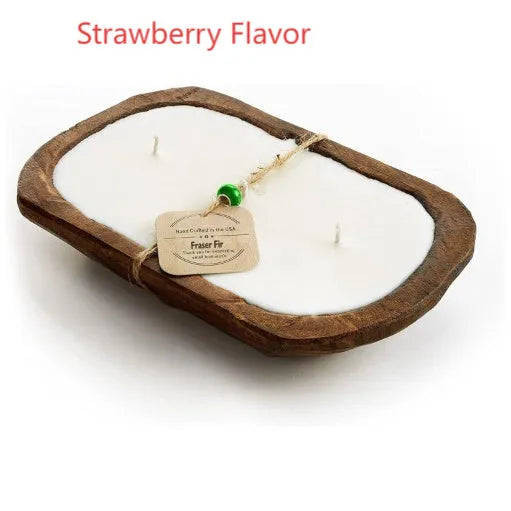 Retro-style lavender aromatherapy candle in a wooden basin made from soy wax.
