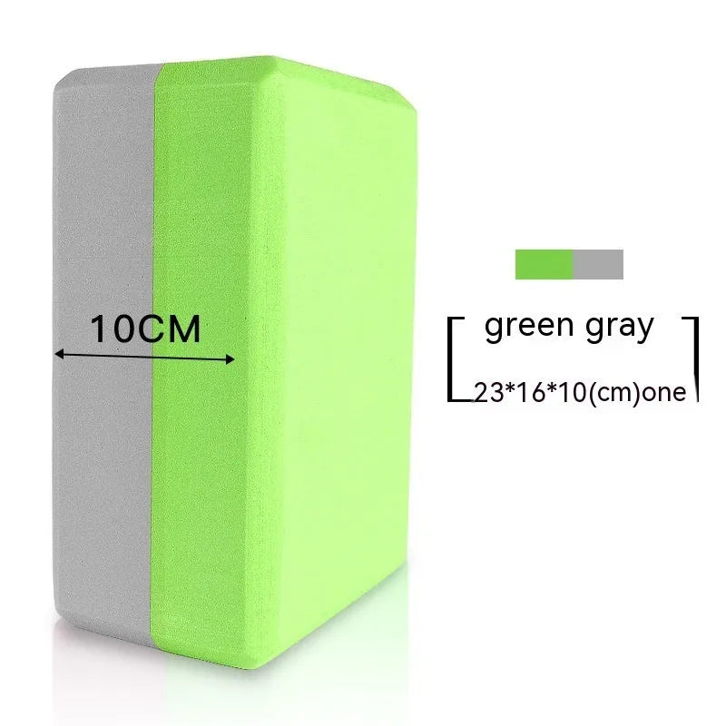 High-density EVA foam yoga block in assorted colours and prints, showing two thickness options for yoga and dance.