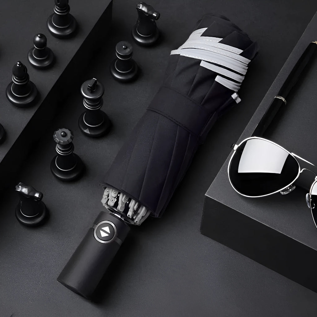 Black automatic reverse umbrella with reflective elements and plastic non-slip handle