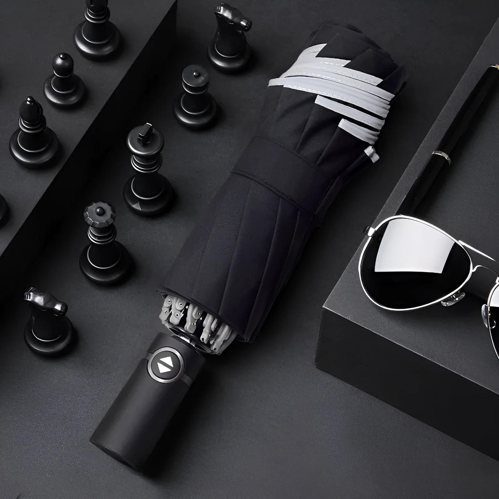Black automatic reverse umbrella with reflective elements and plastic non-slip handle