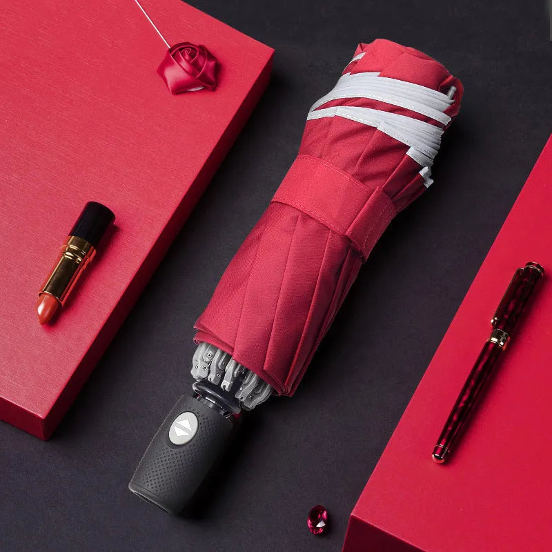 Black automatic reverse umbrella with reflective elements and plastic non-slip handle