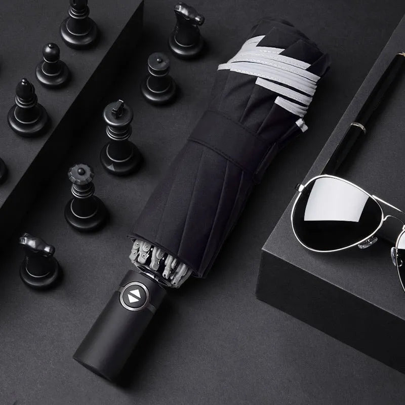 Black automatic reverse umbrella with reflective elements and plastic non-slip handle