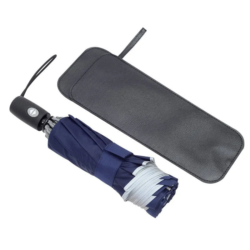 Black automatic reverse umbrella with reflective elements and plastic non-slip handle