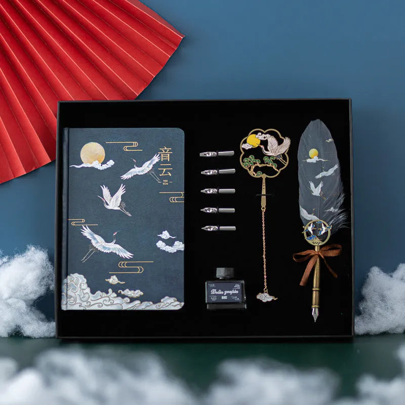 Chinese style feather pen with metal shell and matching jianhegui notebook in gift set.