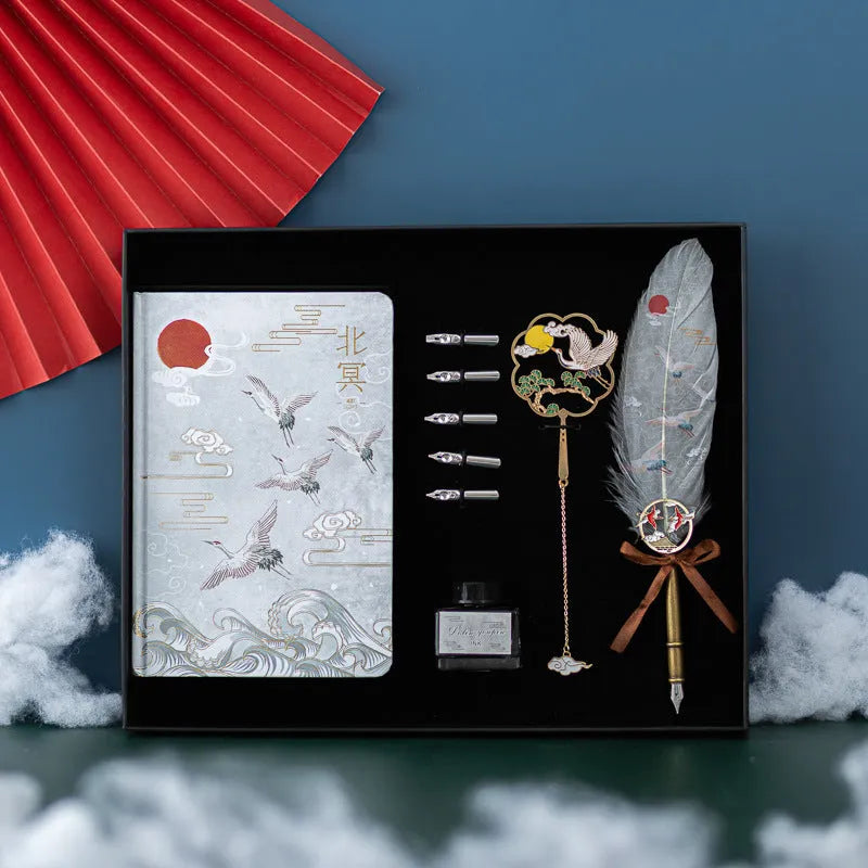 Chinese style feather pen with metal shell and matching jianhegui notebook in gift set.