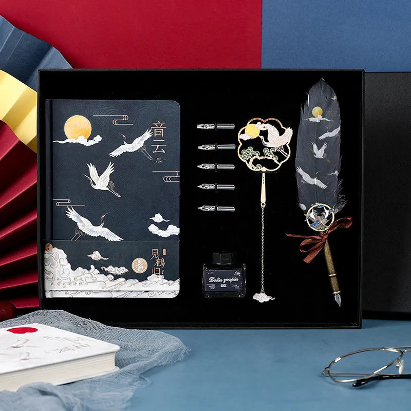Calligraphy dip pen set with stainless steel nib and crane feather pen head in gift box