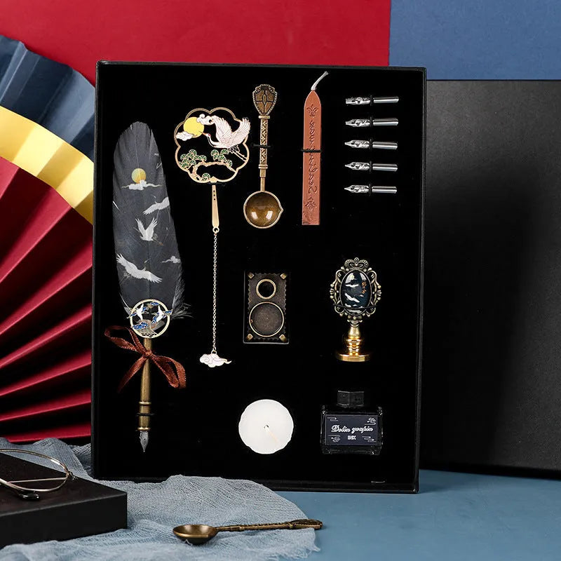 Calligraphy dip pen set with stainless steel nib and crane feather pen head in gift box