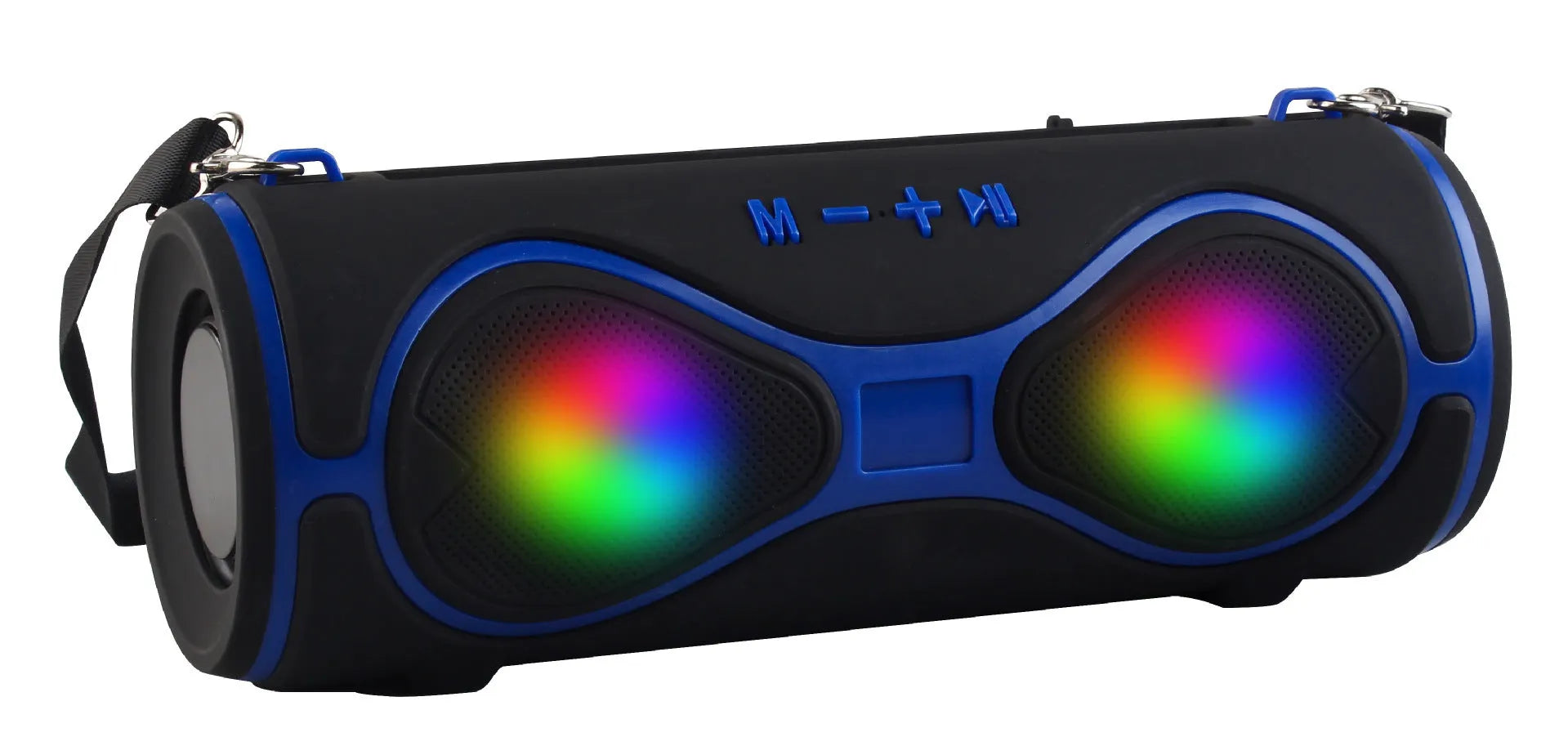 Portable black Bluetooth speaker with integrated lantern light and a fabric carrying strap attached.