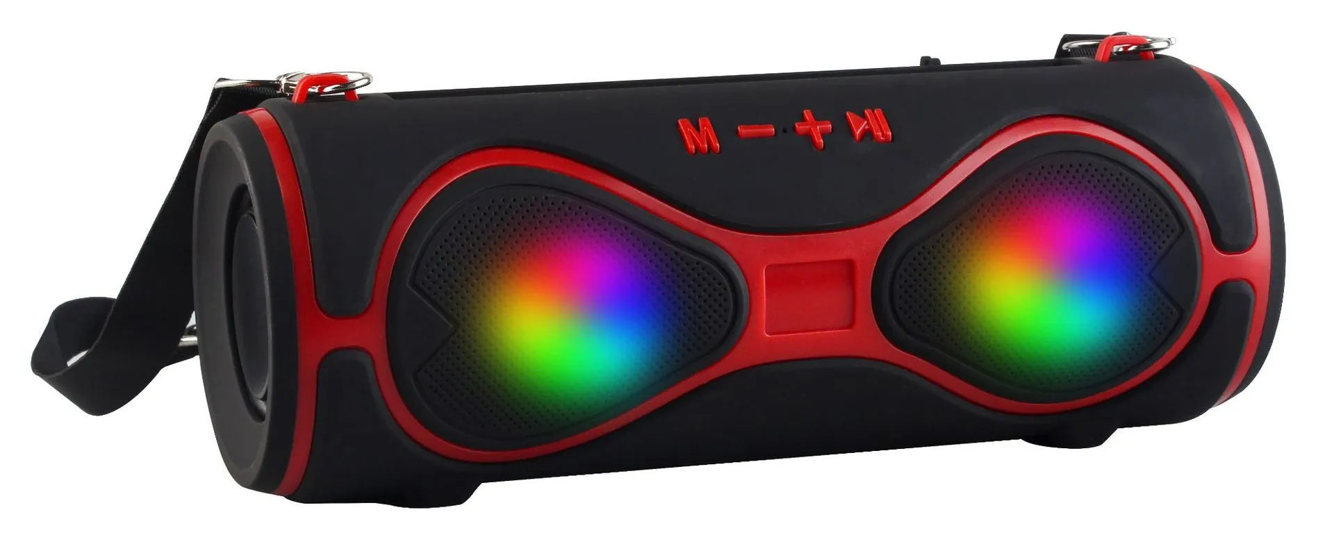Portable black Bluetooth speaker with integrated lantern light and a fabric carrying strap attached.