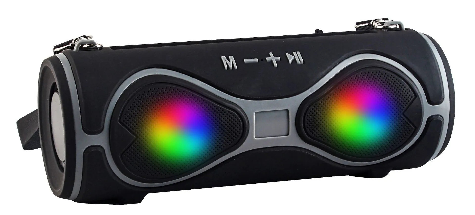Portable black Bluetooth speaker with integrated lantern light and a fabric carrying strap attached.
