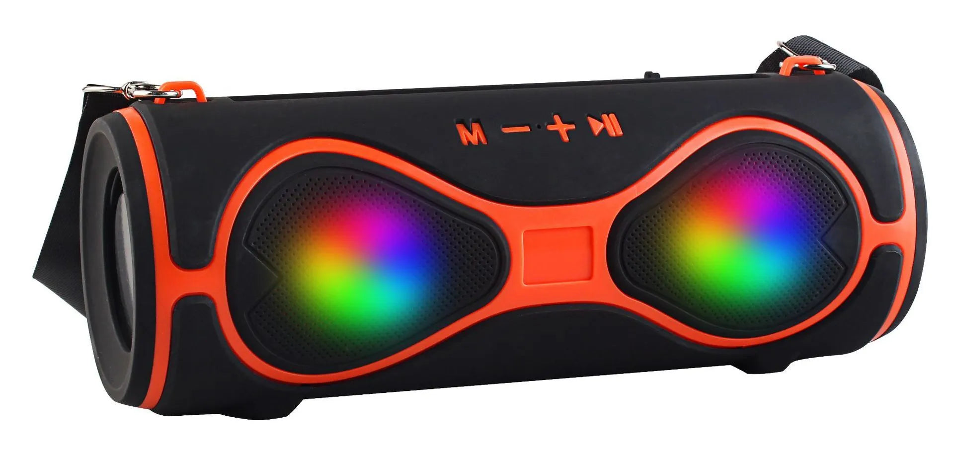 Portable black Bluetooth speaker with integrated lantern light and a fabric carrying strap attached.