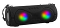 Portable black Bluetooth speaker with integrated lantern light and a fabric carrying strap attached.