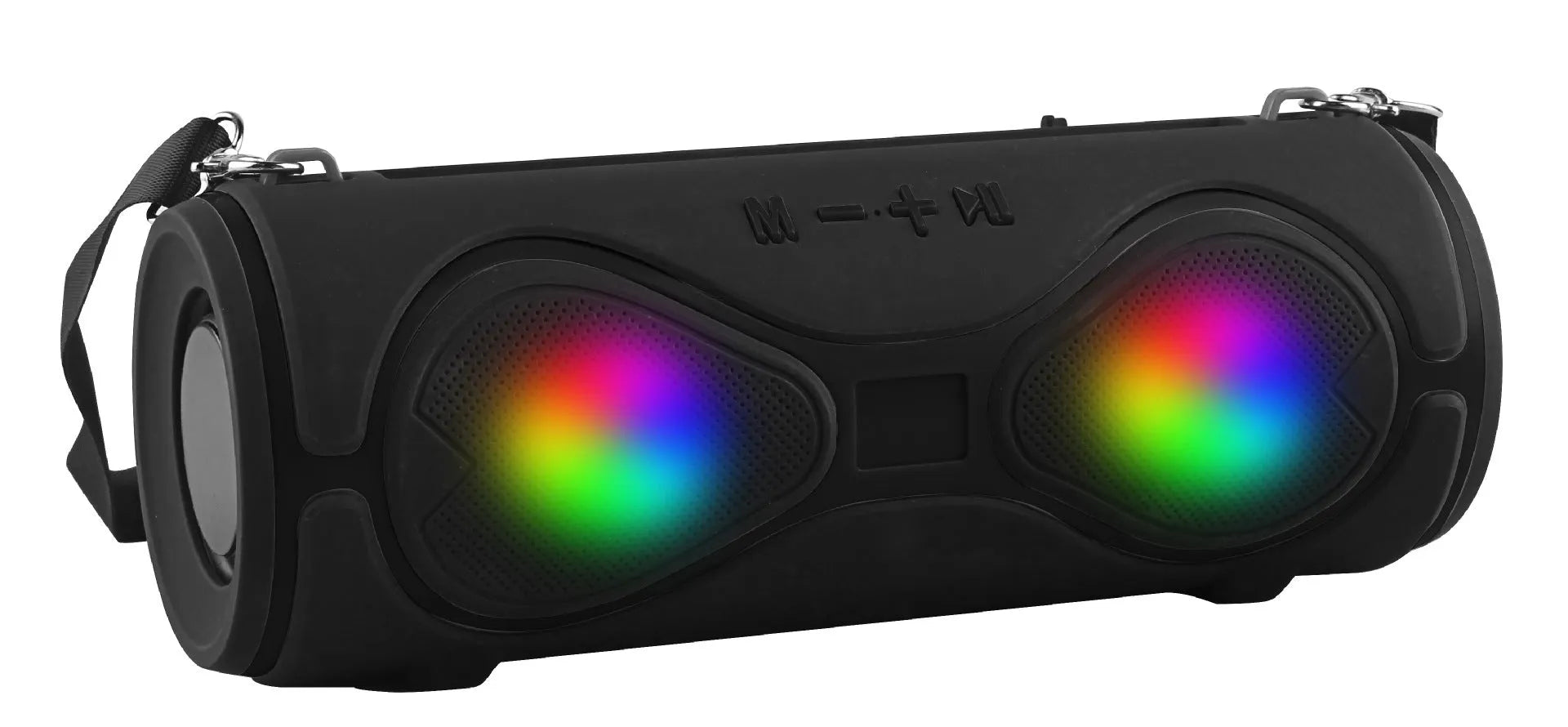 Portable black Bluetooth speaker with integrated lantern light and a fabric carrying strap attached.