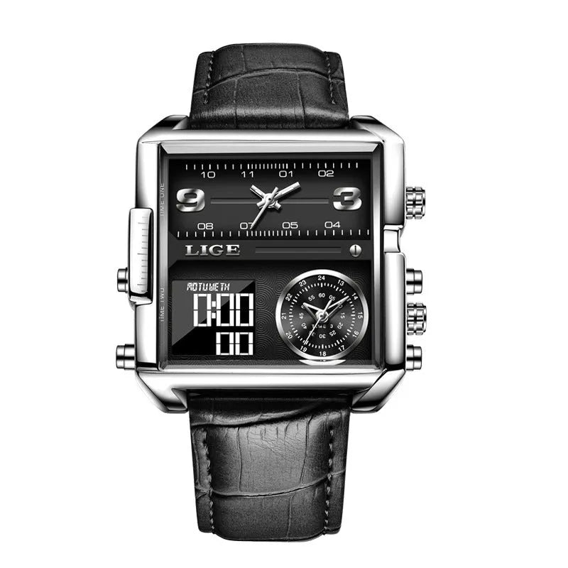 Men's black multi-function quartz watch with genuine leather strap and analogue-digital display