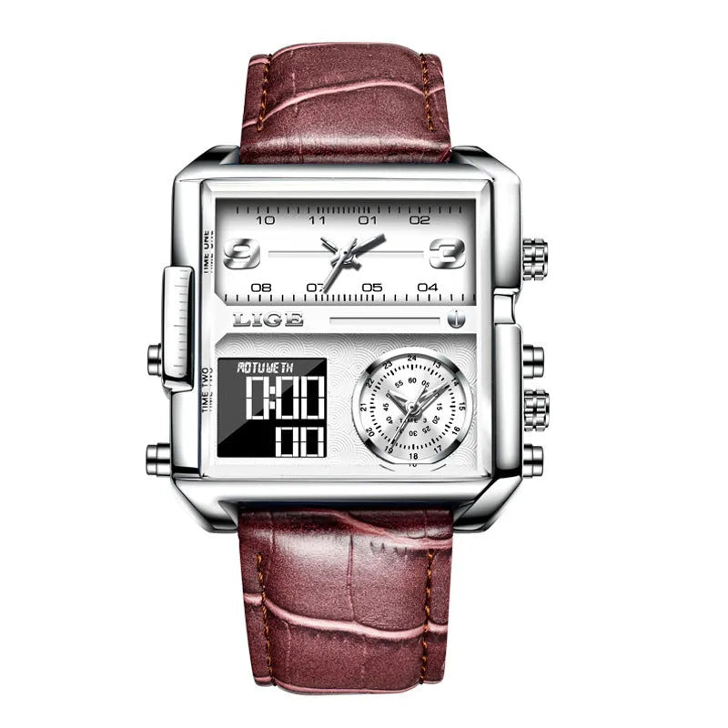 Men's black multi-function quartz watch with genuine leather strap and analogue-digital display