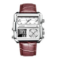 Men's black multi-function quartz watch with genuine leather strap and analogue-digital display