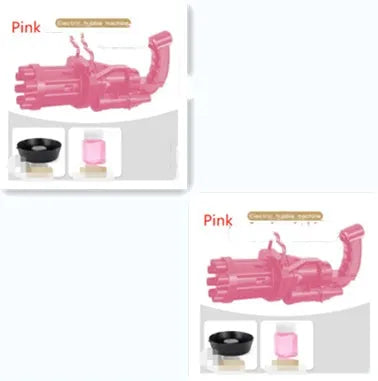 Children's bubble machine gun toy in pink, gold or black with battery compartment and trigger operation