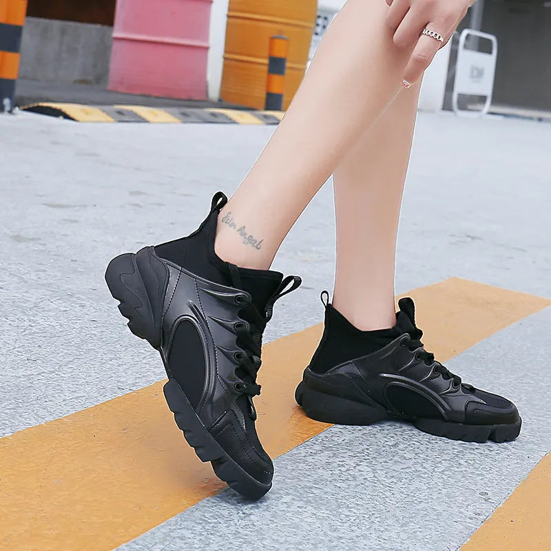 Women's outdoor casual walking shoes leather Lycra upper rubber sole black colour side view