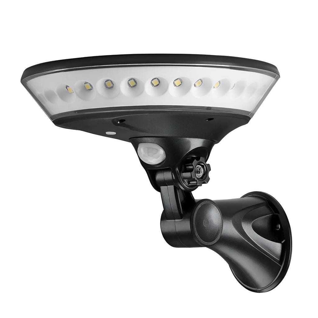 White outdoor solar security light with 360-degree LEDs and a motion sensor on a black mounting bracket.