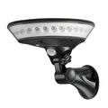 White outdoor solar security light with 360-degree LEDs and a motion sensor on a black mounting bracket.