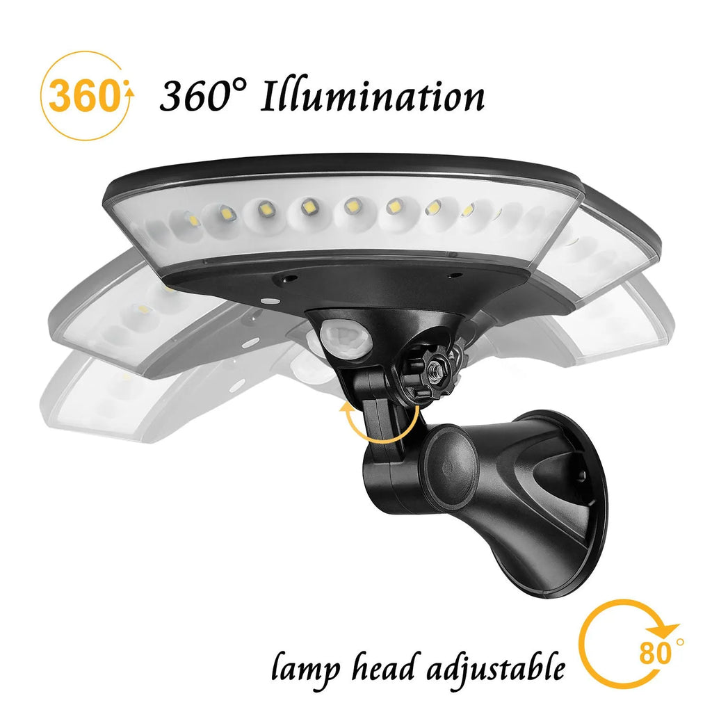 White outdoor solar security light with 360-degree LEDs and a motion sensor on a black mounting bracket.