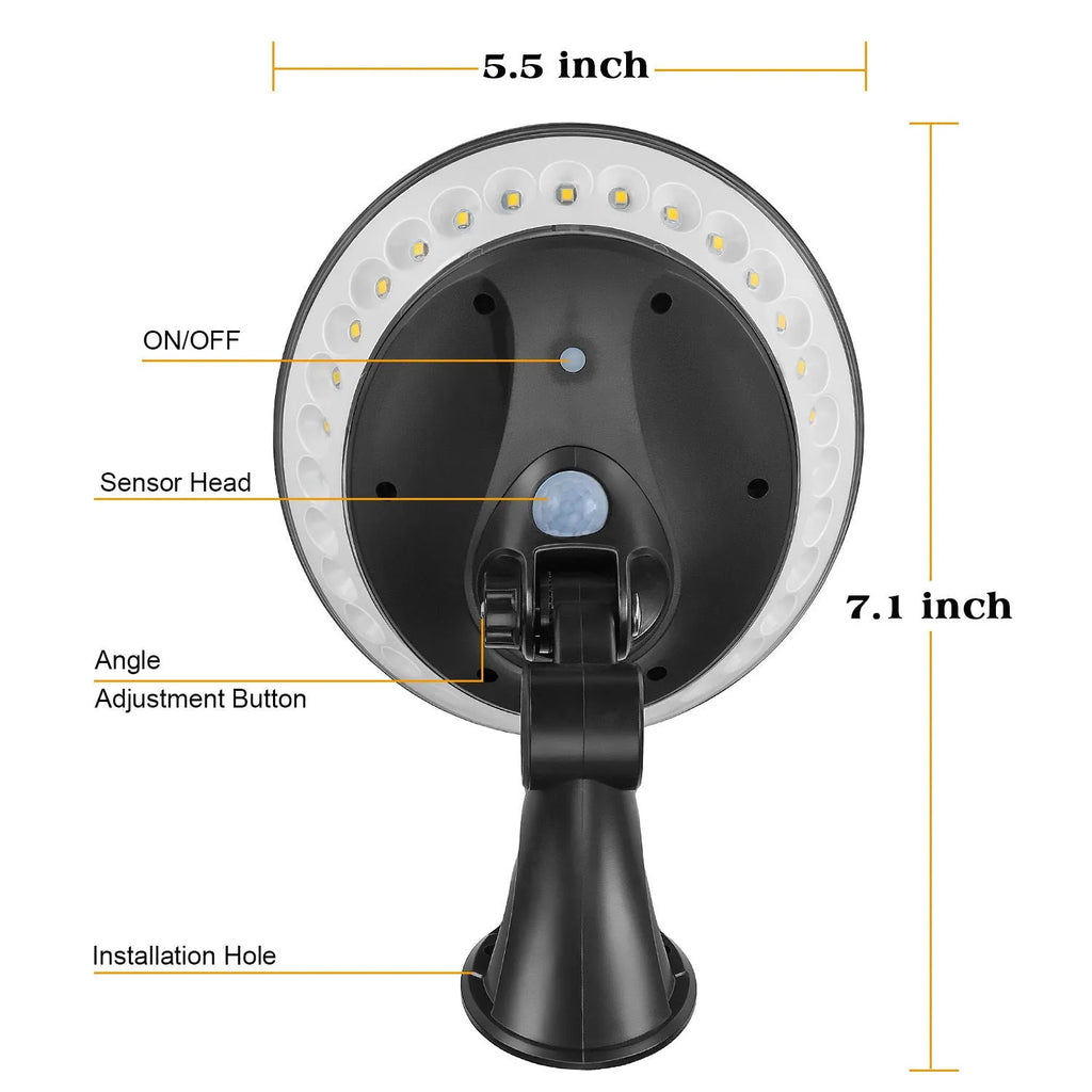 White outdoor solar security light with 360-degree LEDs and a motion sensor on a black mounting bracket.