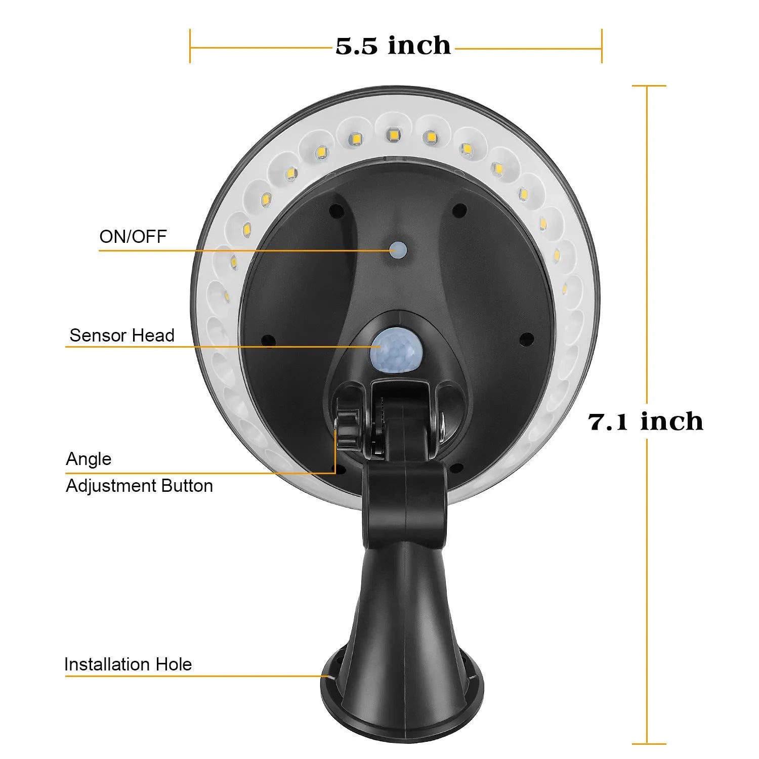 White outdoor solar security light with 360-degree LEDs and a motion sensor on a black mounting bracket.
