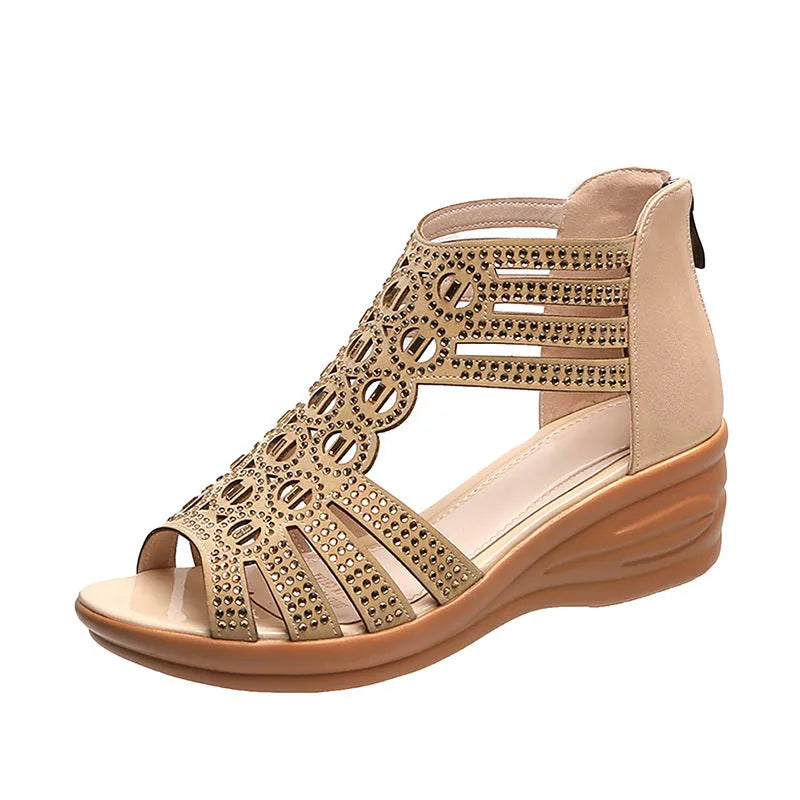 Women's Roman style wedge sandals with hollow PU upper and back zipper in beige colour