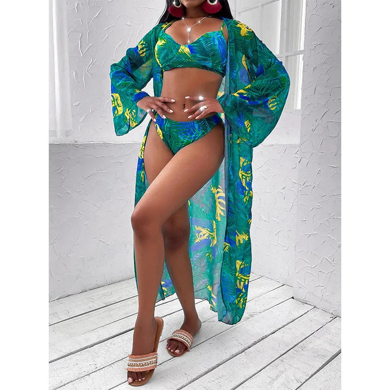 Women's three-piece printed bikini split swimsuit with removable chest pads in green, orange and black polyester fibre