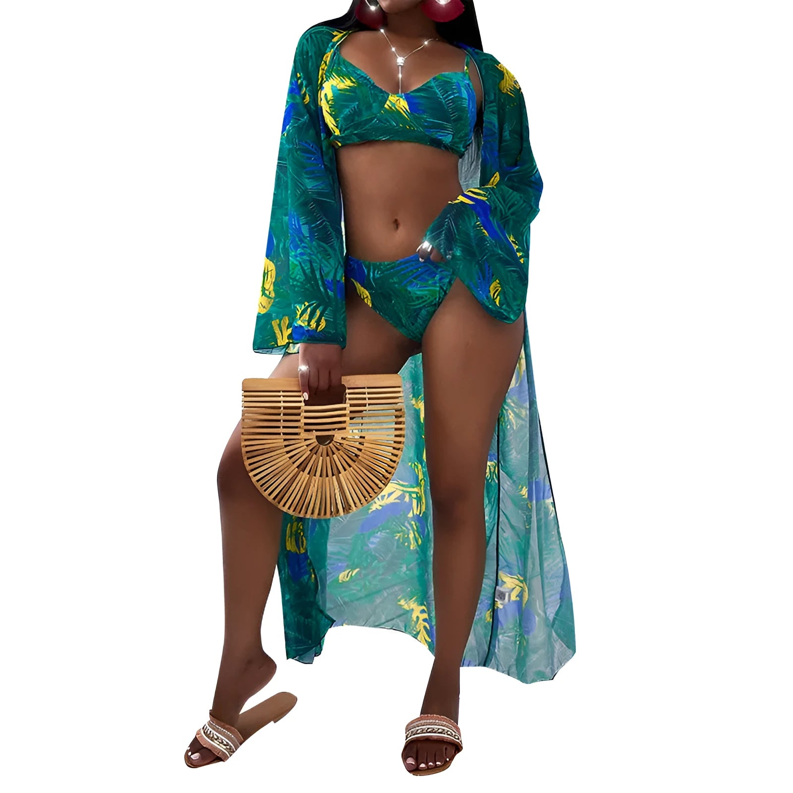 Women's three-piece printed bikini split swimsuit with removable chest pads in green, orange and black polyester fibre