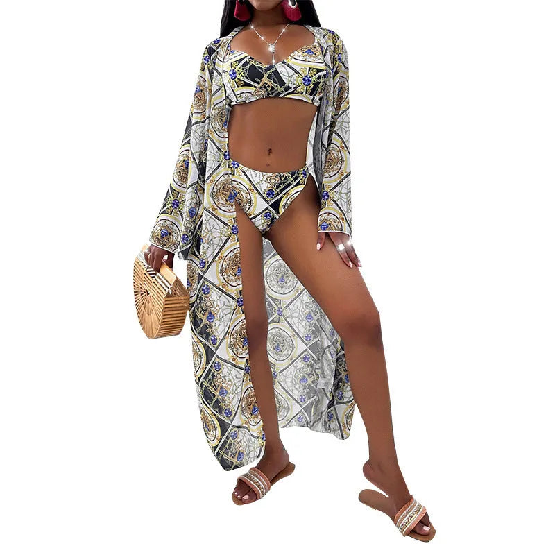 Women's three-piece printed bikini split swimsuit with removable chest pads in green, orange and black polyester fibre