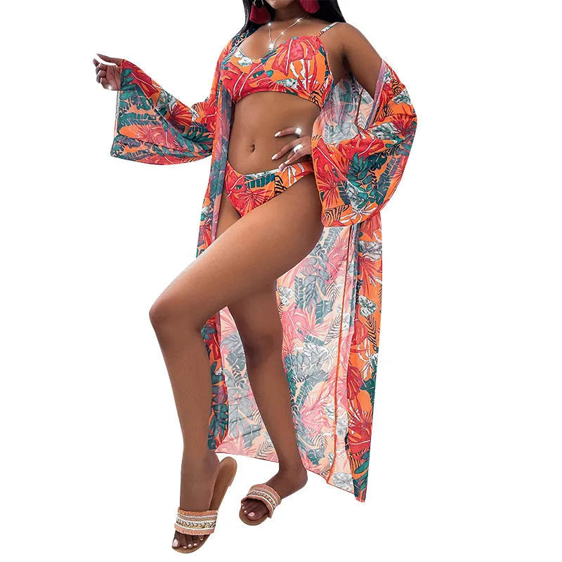 Women's three-piece printed bikini split swimsuit with removable chest pads in green, orange and black polyester fibre