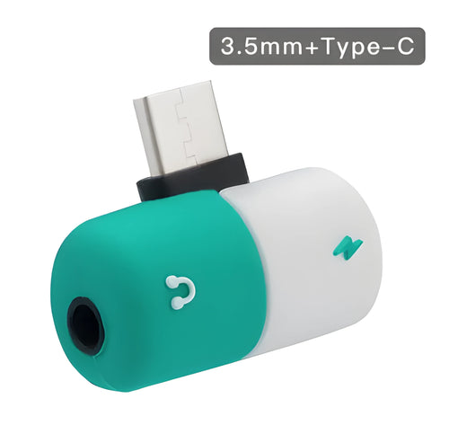 Blue Huawei phone case with integrated USB-C charging and audio splitter adapter