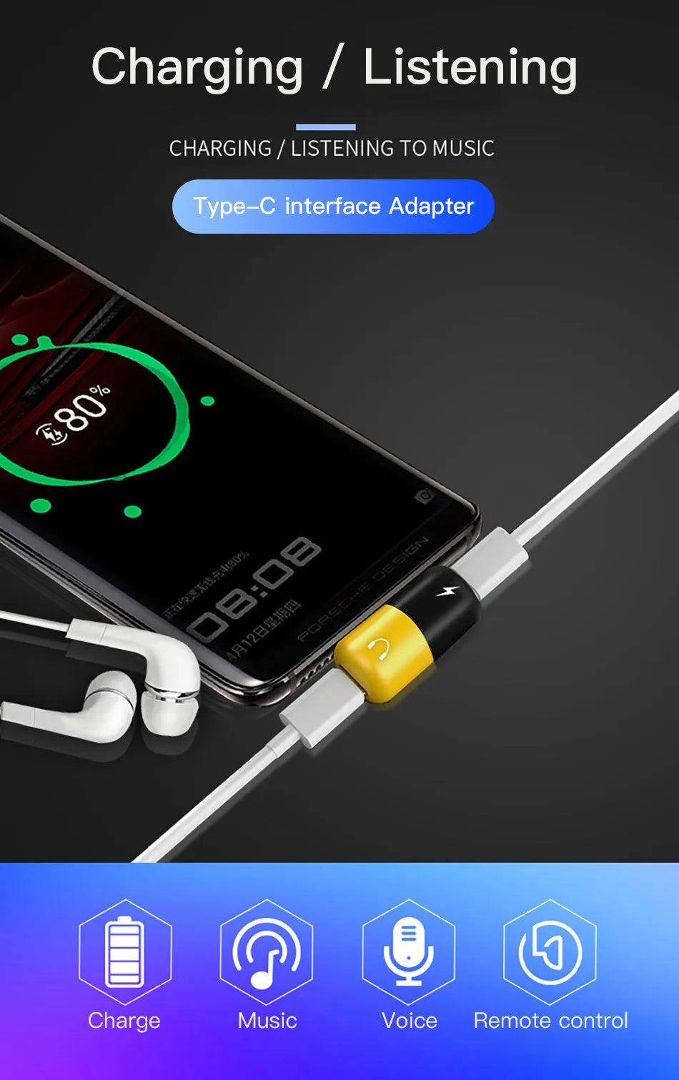 Blue Huawei phone case with integrated USB-C charging and audio splitter adapter