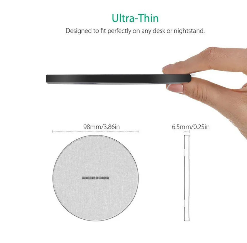 Qi standard 15W ultra-thin aluminium alloy fabric wireless charger disc in Black
