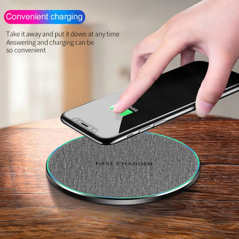 Qi standard 15W ultra-thin aluminium alloy fabric wireless charger disc in Black