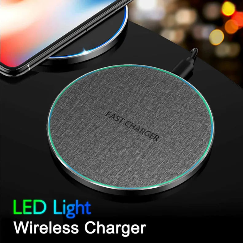 Qi standard 15W ultra-thin aluminium alloy fabric wireless charger disc in Black