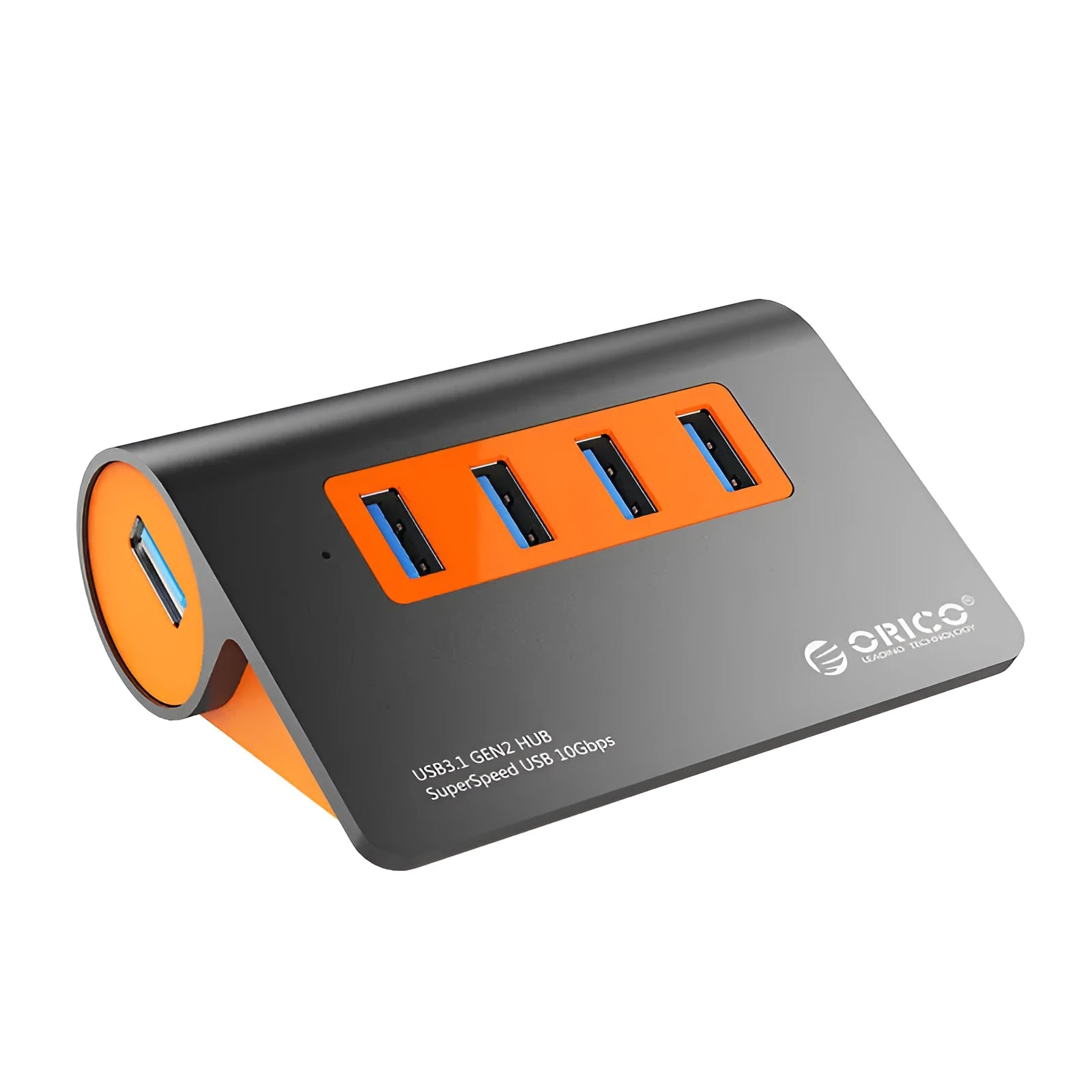 Dark grey and orange aluminium USB-C hub with four USB 3.1 ports, a DC power input, and a detachable cable.