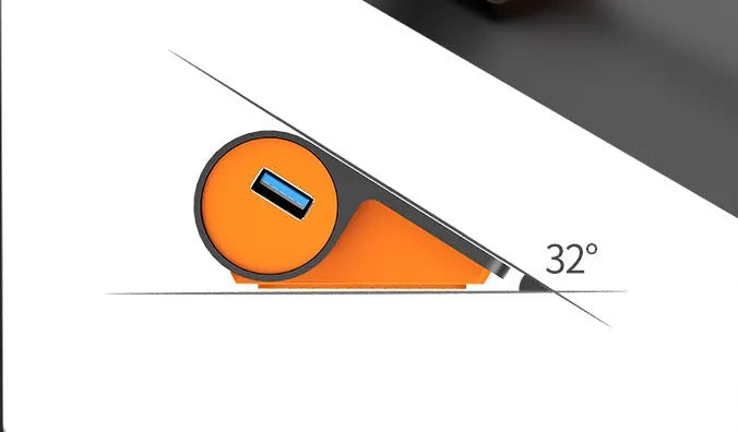 Dark grey and orange aluminium USB-C hub with four USB 3.1 ports, a DC power input, and a detachable cable.