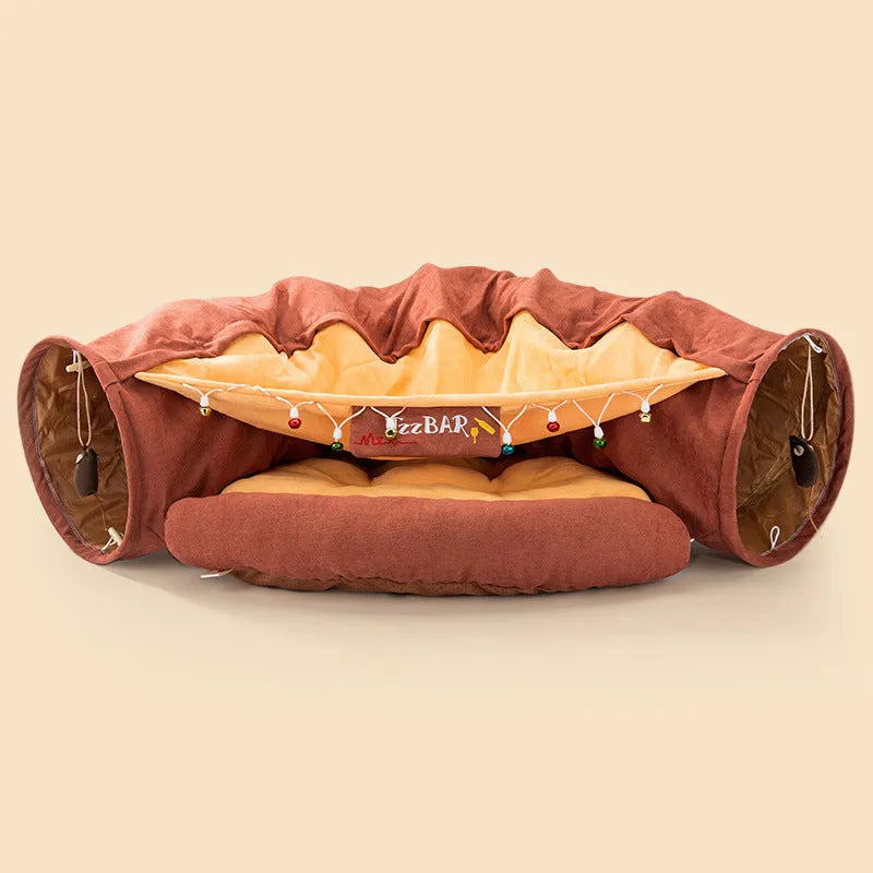 Collapsible cloth cat tunnel shown in a pop-up cylinder shape and folded flat, in a choice of colours.