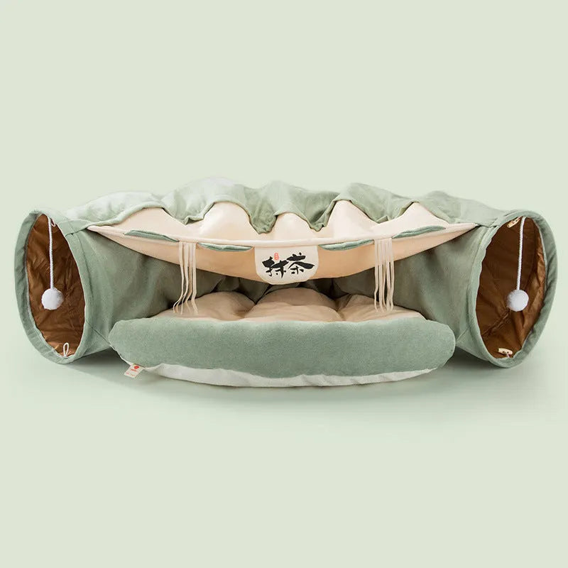 Collapsible cloth cat tunnel shown in a pop-up cylinder shape and folded flat, in a choice of colours.