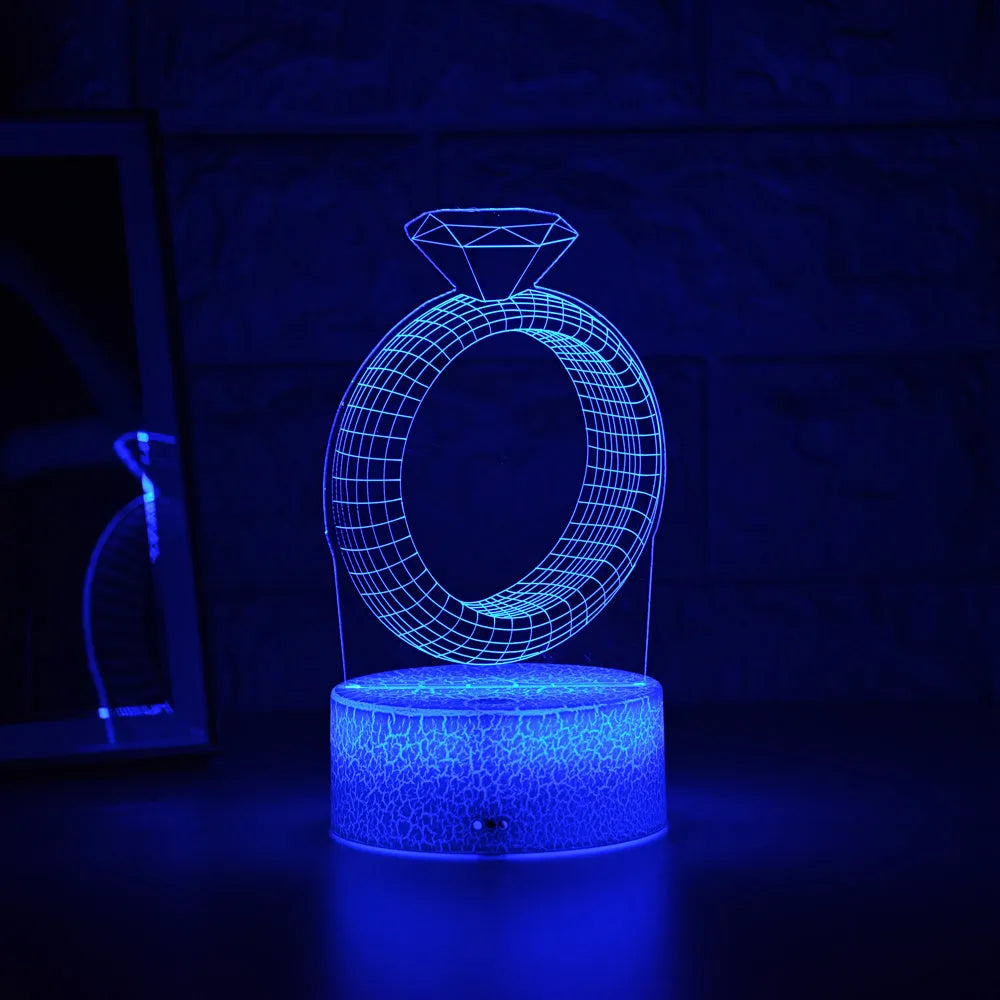 3D laser-engraved diamond ring design LED night light illuminated with colour-changing lights